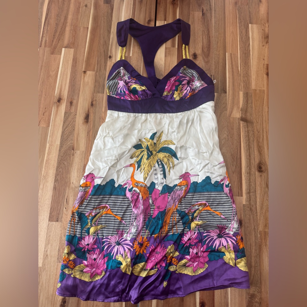 Voom by Joy Han Purple and White Tropical Pattern Silk Dress